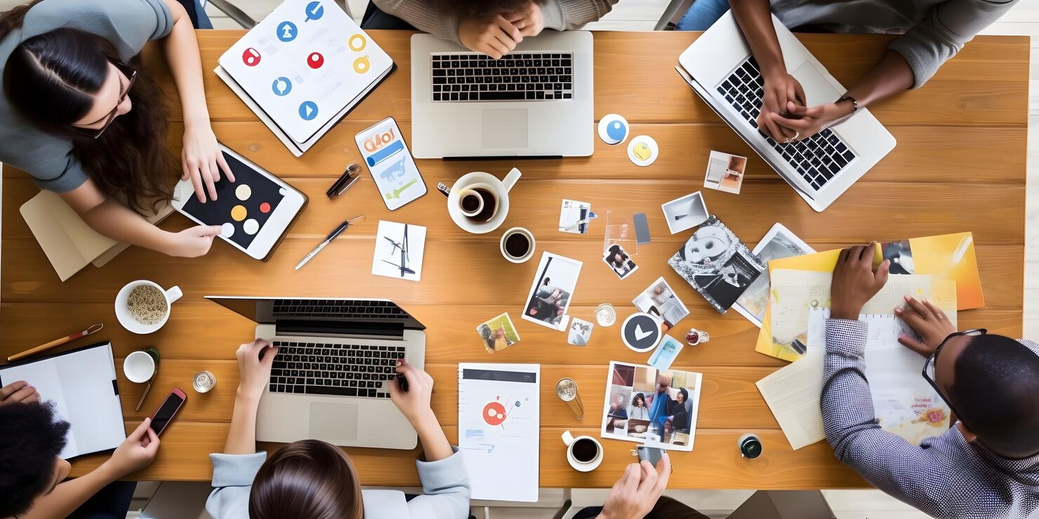 vue du dessus d'une table autour de laquelle se trouve des professionnels devant leurs ordi portables, tablettes et feuilles café et photos